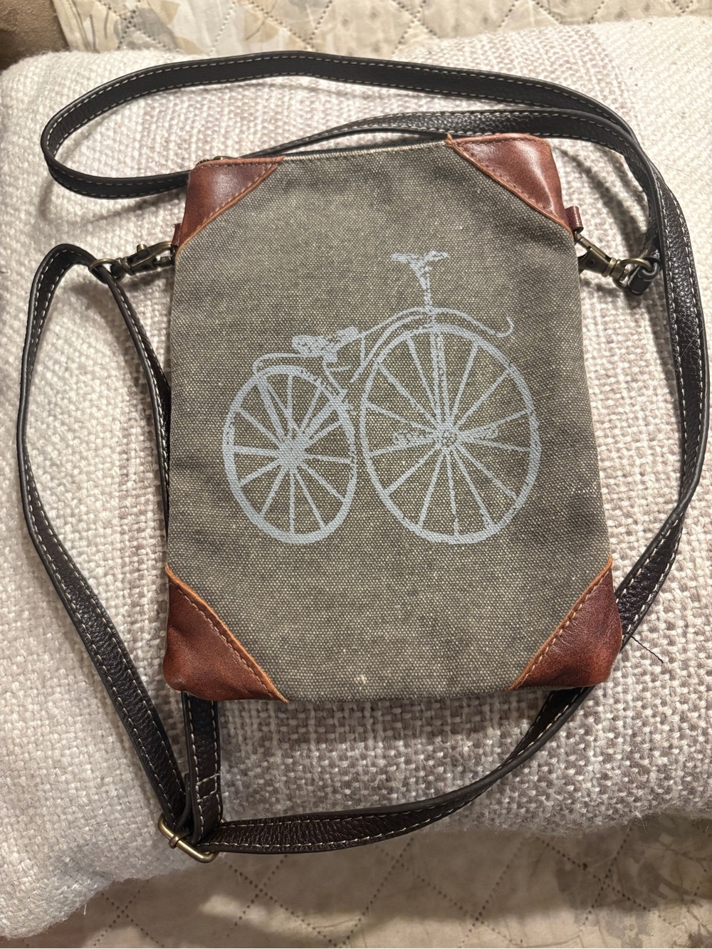 Mona B. Canvas Crossbody Bag with Bicycle Graphic – grayish Olive Green